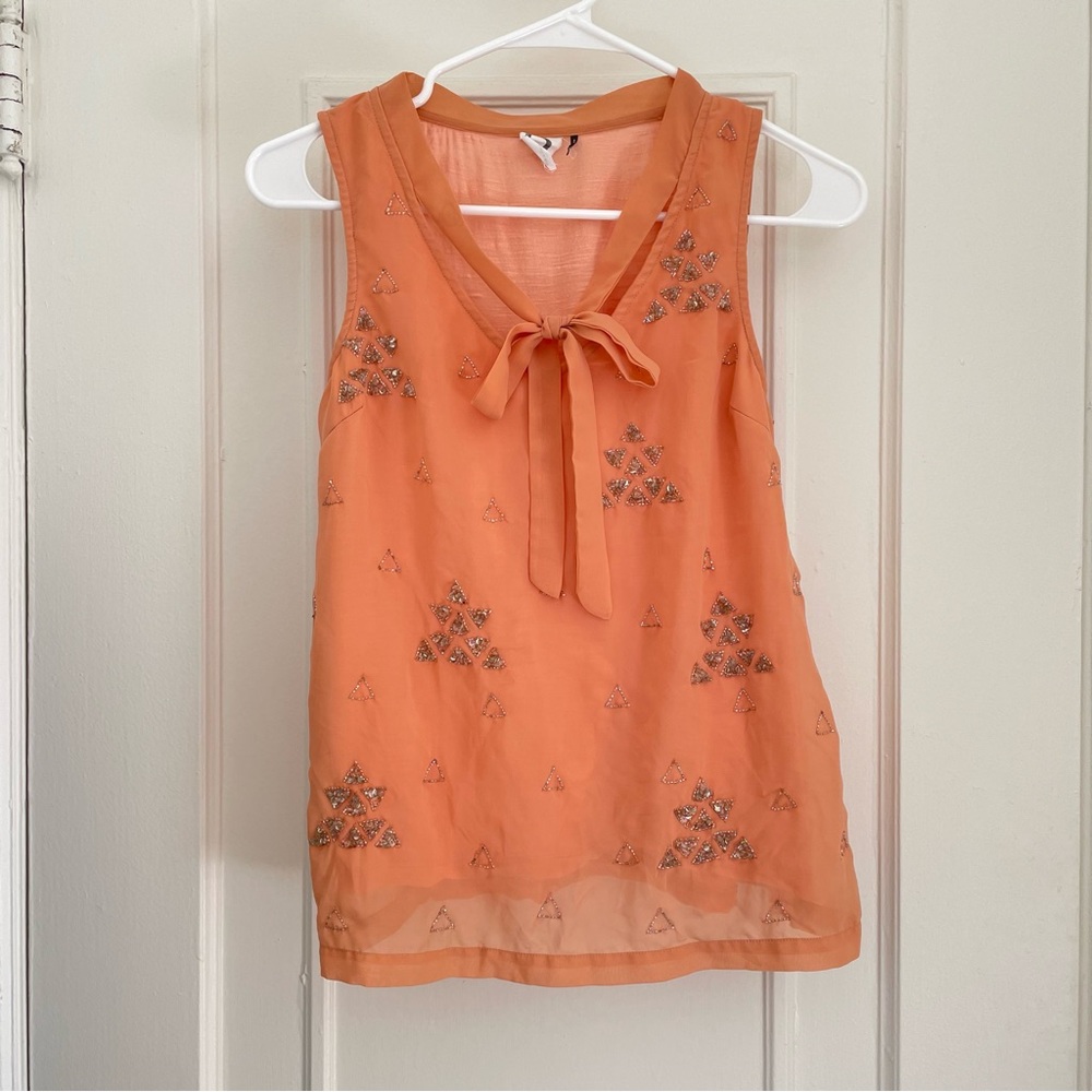 Anthropologie Orange Embellished Tie Front Tank Top